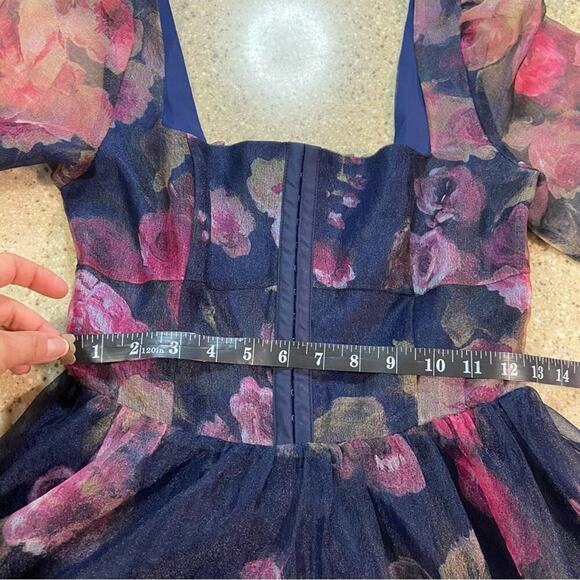 NWOT Lulus Lovely Idea Navy Blue Floral Three-Quarter Sleeve Skater Dress - Picture 8 of 12